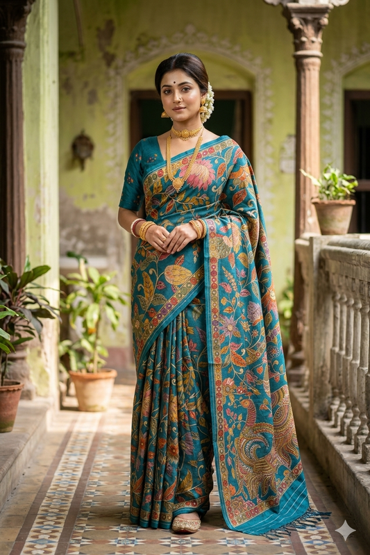 Multi & Blue Tussar Kalamkari Aari Work Saree, With Unstiched Blouse