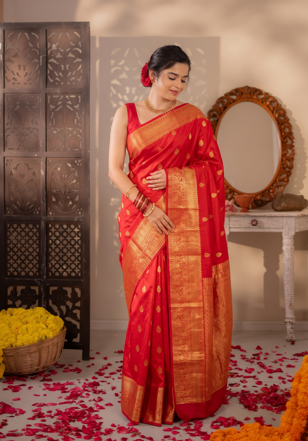Cherry Red Pure Kanjeevaram Silk Saree, With Unstiched Blouse