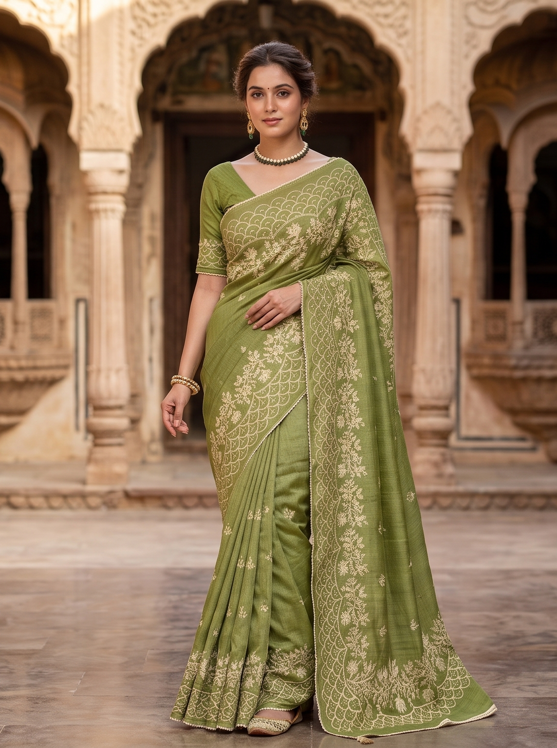 Pista Green Tussar Resham Embroidery Saree, With Unstitched Blouse
