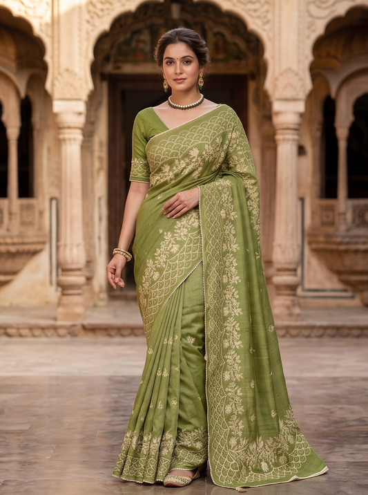 Pista Green Tussar Resham Embroidery Saree, With Unstitched Blouse