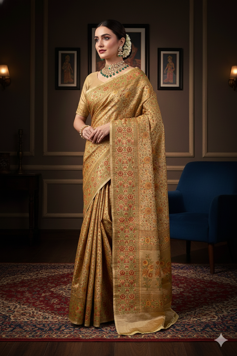 Beige Gold Tanchoi Silk Saree Self Weaving With Unstiched Blouse