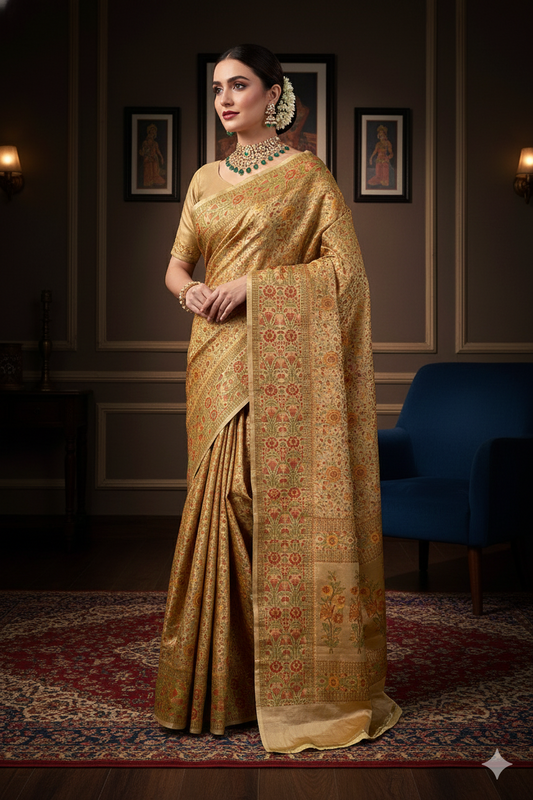 Beige Gold Tanchoi Silk Saree Self Weaving With Unstiched Blouse