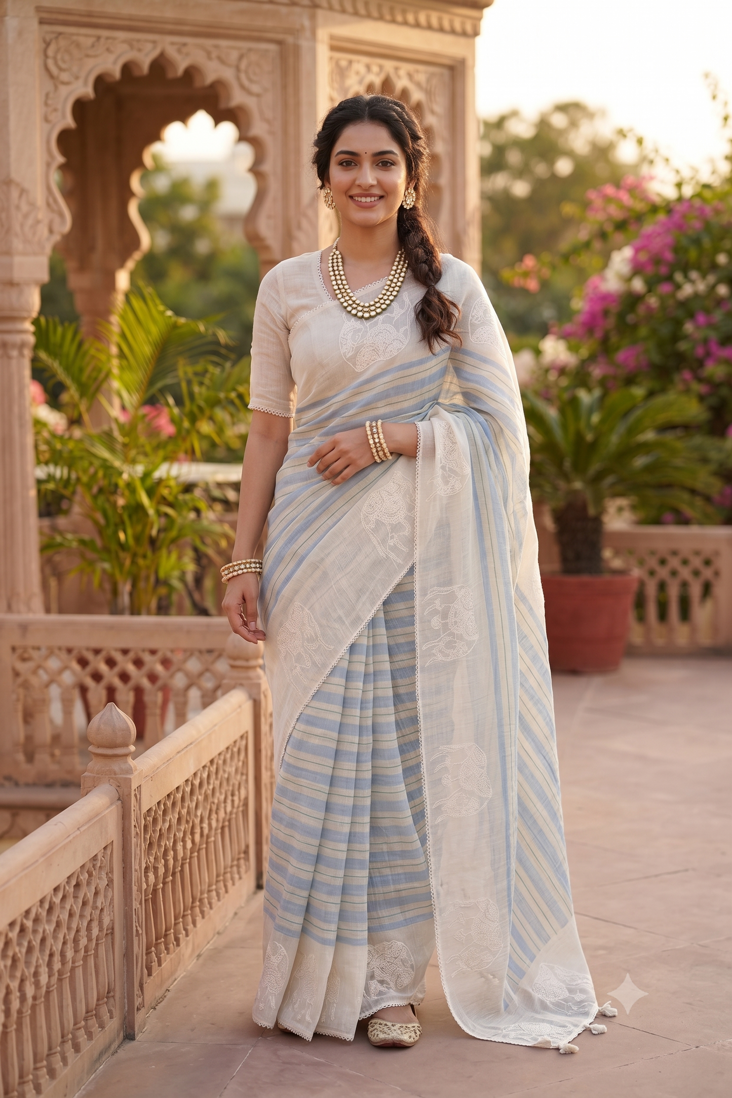 Off-White & Blue Linen Embroidery Saree, With Unstiched Blouse