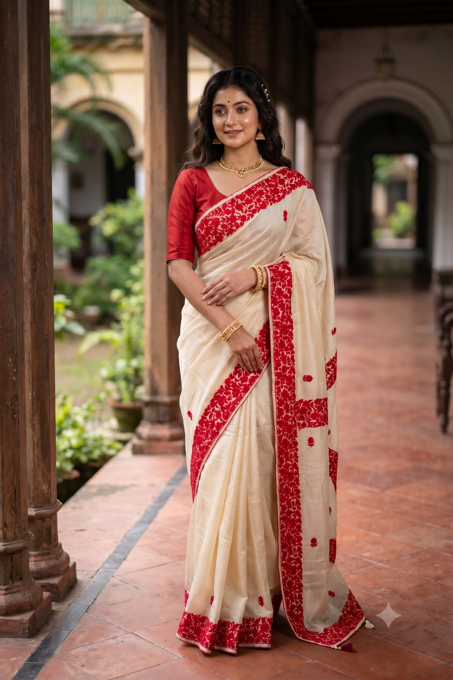 Off-White Tussar Hand Parsi Work Saree, With Unstiched Blouse