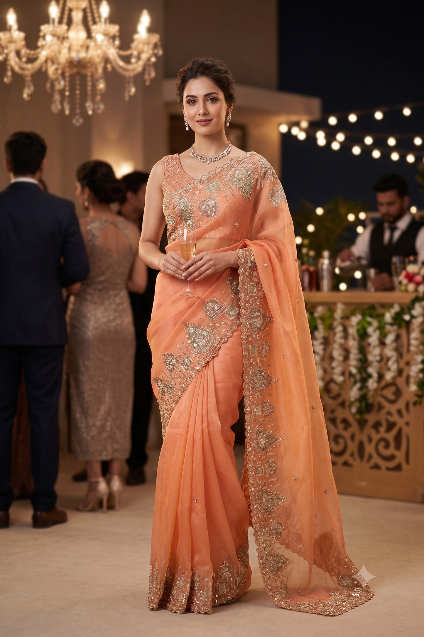 Golden Orange Soft Tissue Organza Silk Embroidery Saree, With Unstiched Blouse