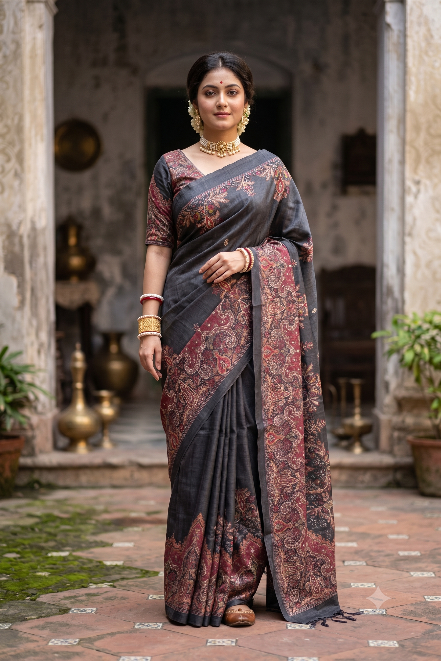 Black Tussar Silk Printed Saree With Aari Work Border, With Unstiched Blouse