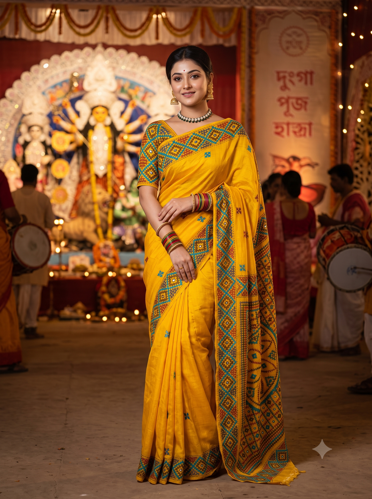 Mustard Yellow Tussar Hand Embroidery Saree, With Unstitched Blouse