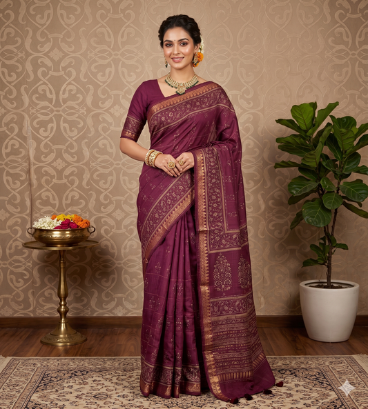 Traditional Saarang Sarees wine Munga silk printed saree with kantha work and unstitch blouse, showcasing intricate design and vibrant colors.