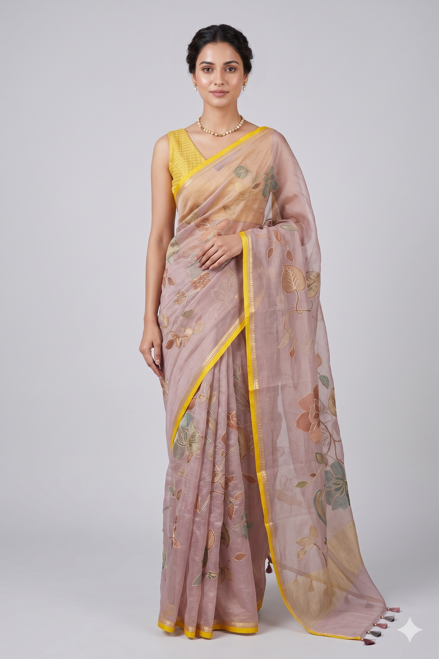 Mauve Tissue Organza Silk Saree With Aari Work, With Unstiched Blouse