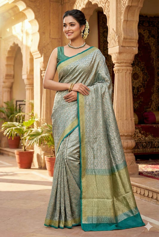 Grey & Green Brocade Chanderi Silk With Unstiched Blouse