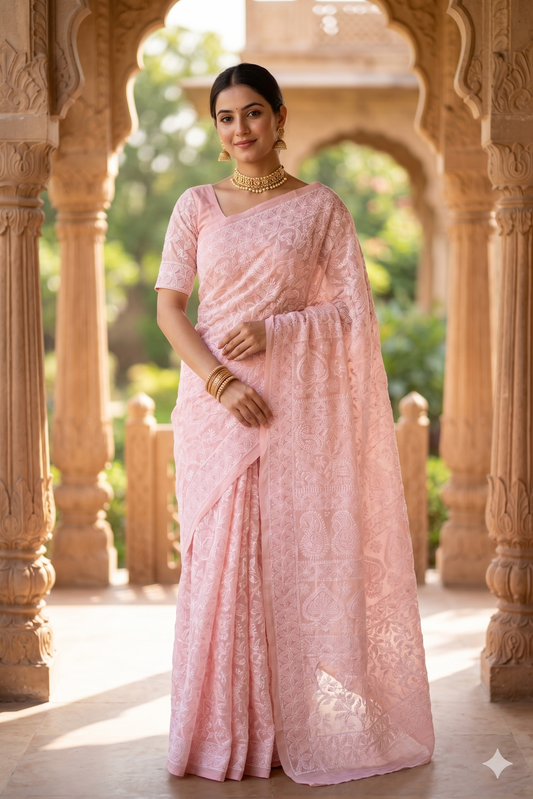 Baby pink cotton Chikankari saree with unstiched blouse, perfect for party wear by Saarang Sarees.