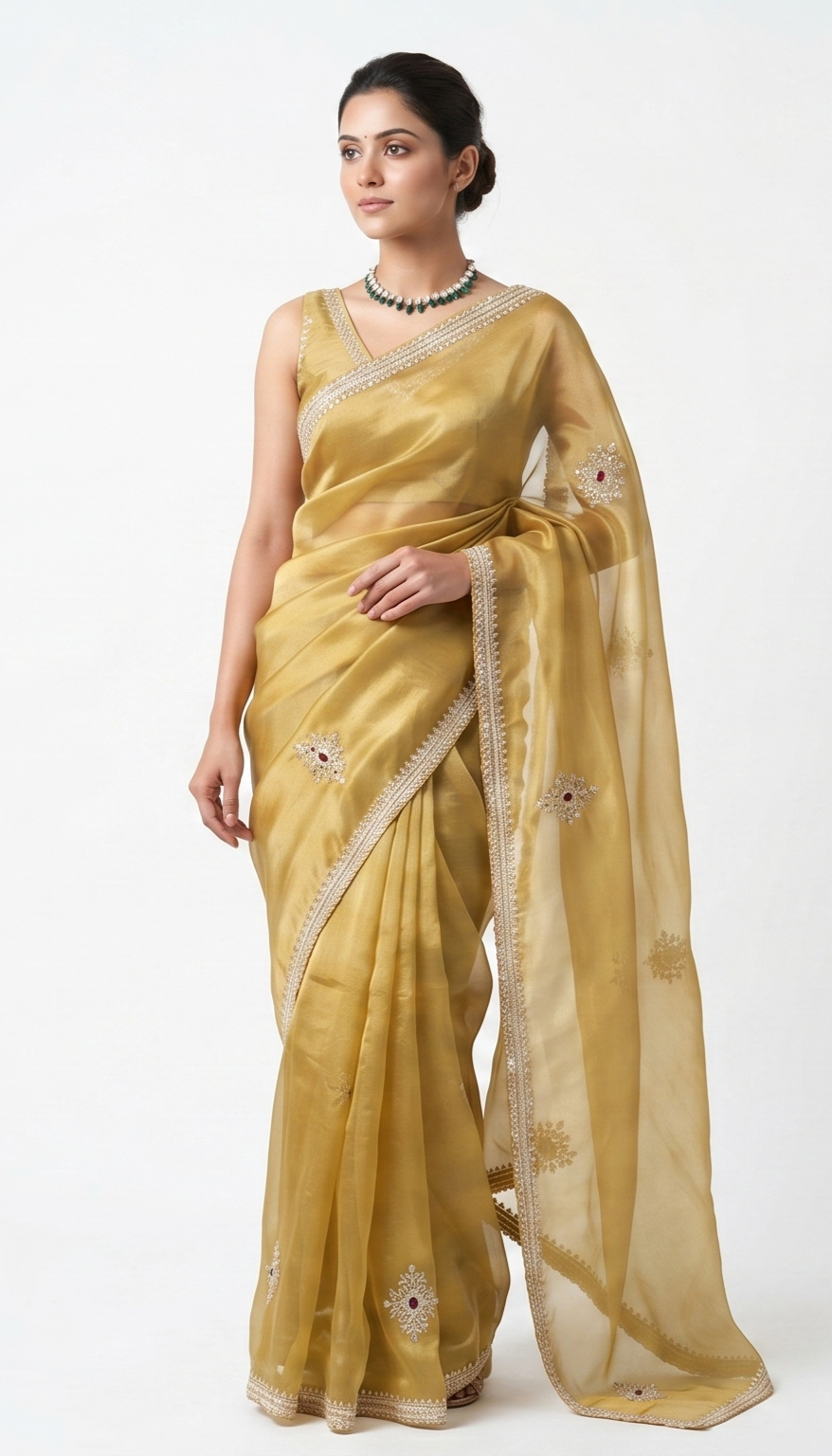 Yellow silk embroidery saree with soft tissue fabric and unstiched blouse, perfect for party wear by Saarang Sarees.