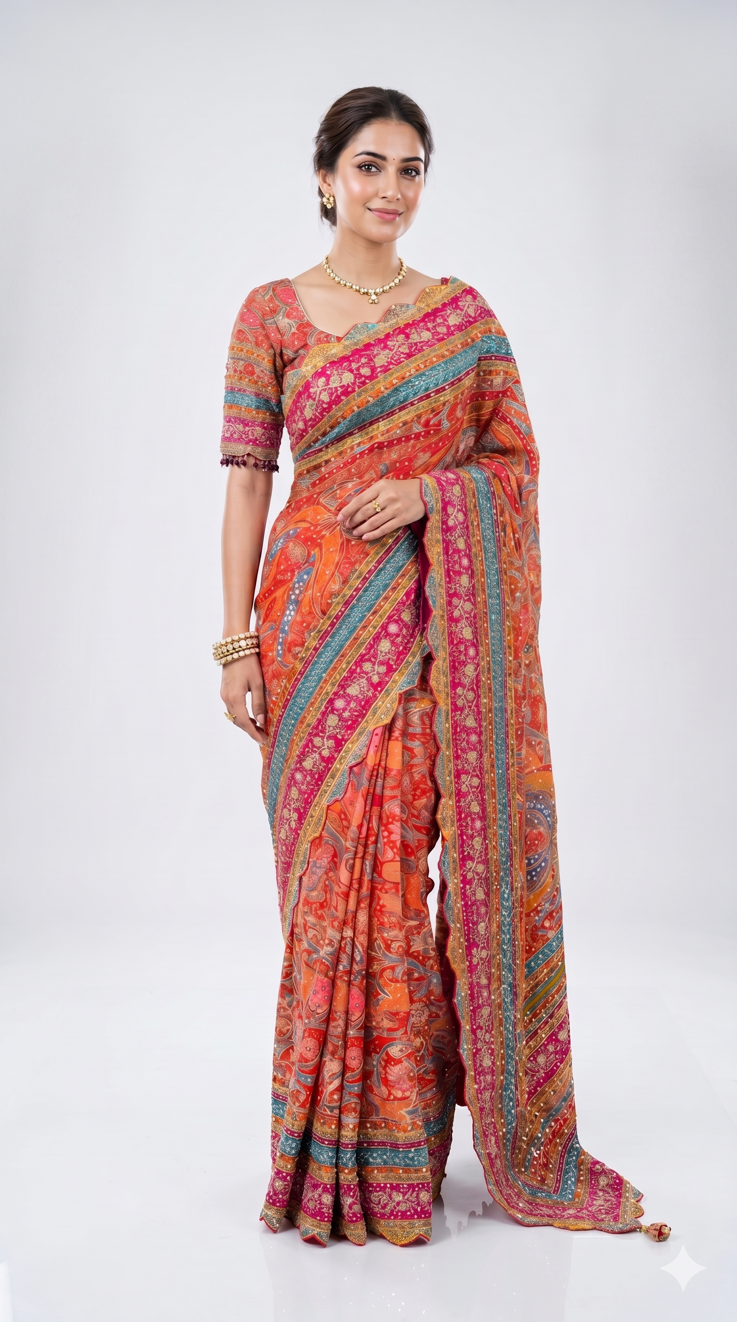 Multi Crepe Georgette Saree With Mirror Work, With Unstiched Blouse