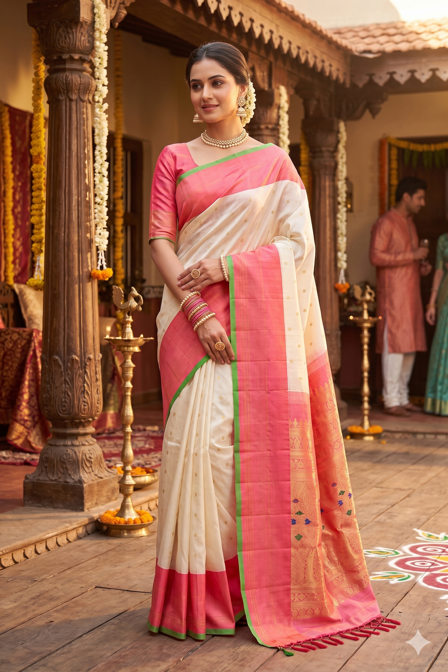 Cream Gadwal Silk Sarees With Unstiched Blouse