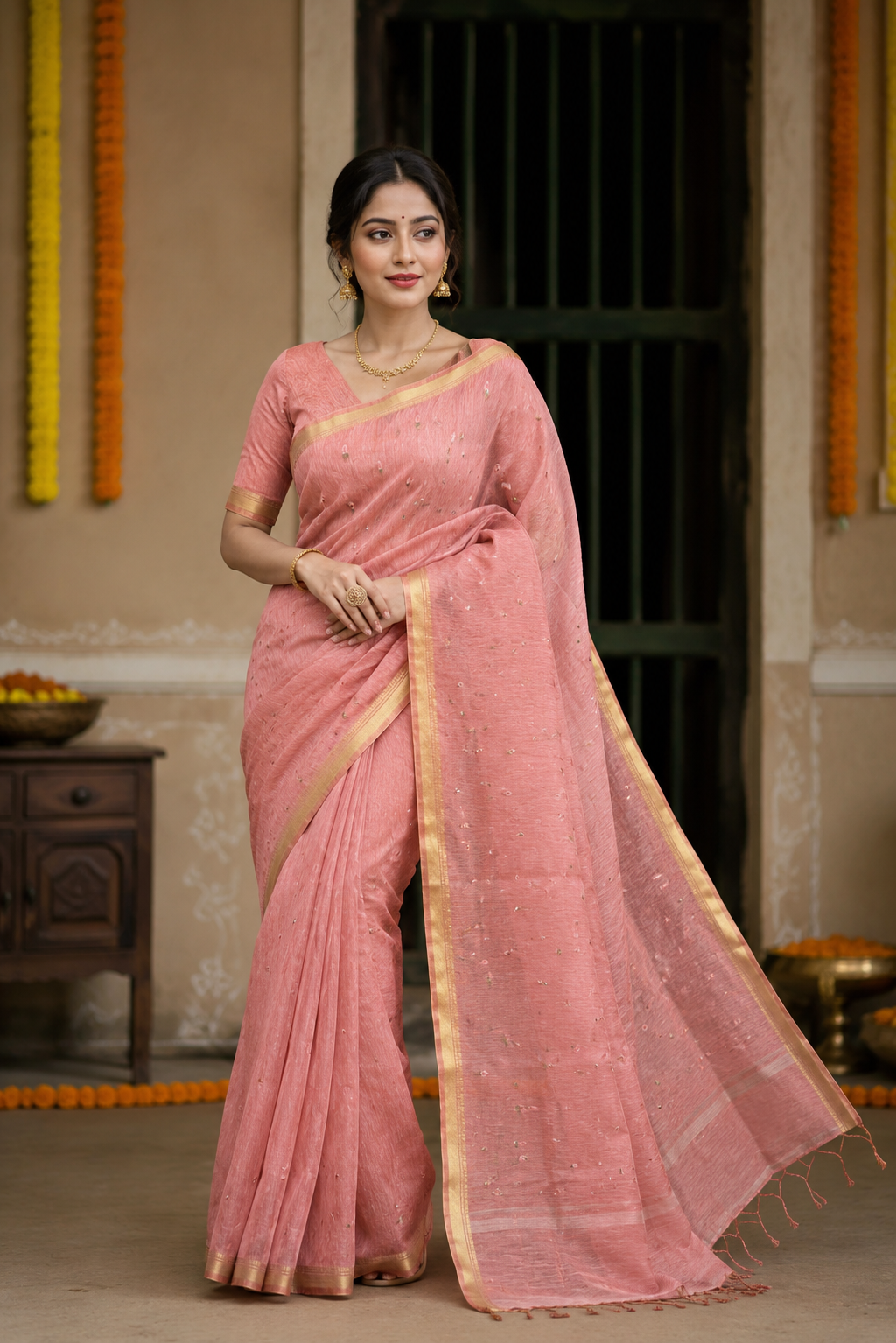 Peach Pink Pure Linen Kashmiri Work Saree With Unstiched Blouse