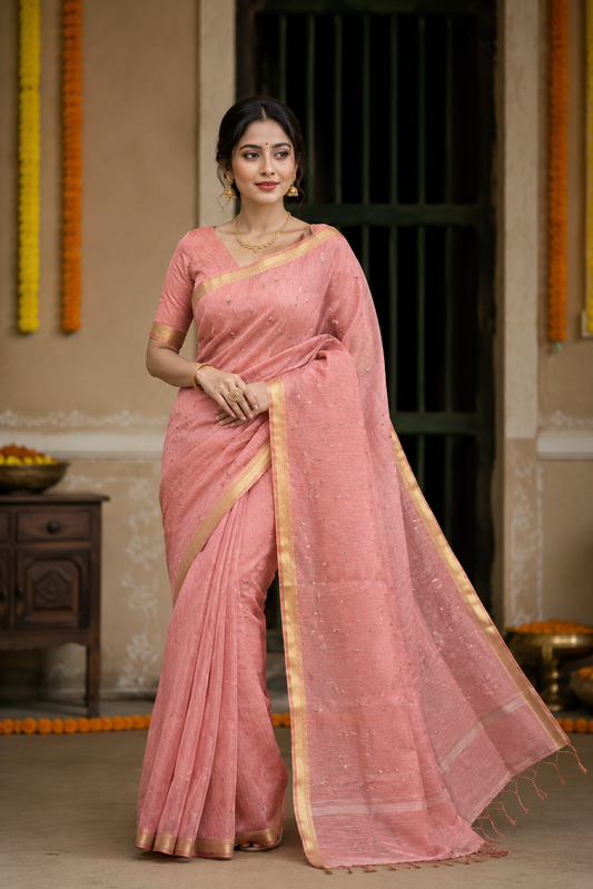 Peach Pink Pure Linen Kashmiri Work Saree With Unstiched Blouse