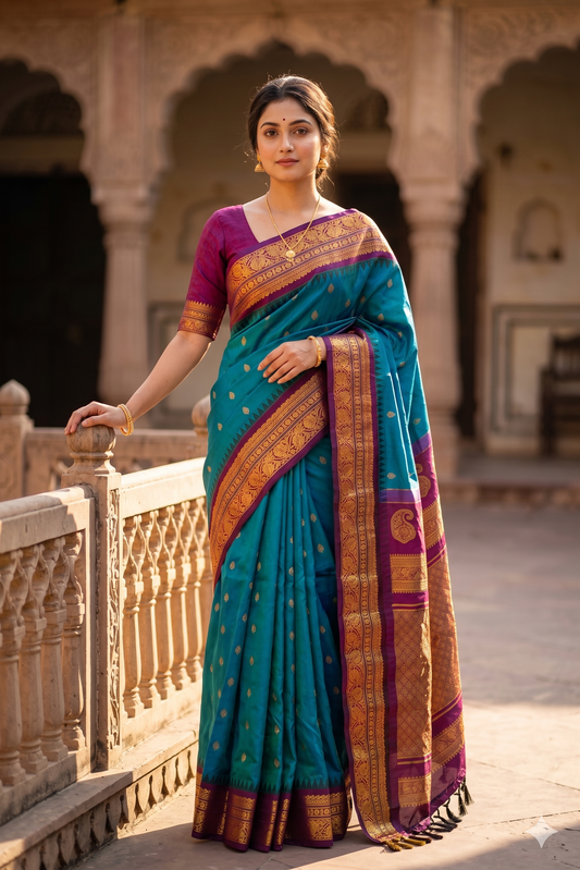 Peacock blue Gadwal silk saree with traditional design and unstiched blouse, by Saarang Sarees, showcasing intricate weave and elegant drape.