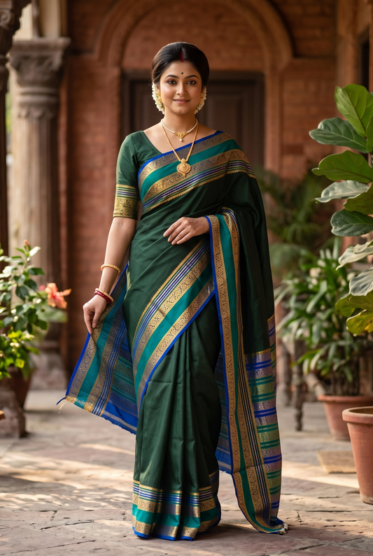 Deep Forest Green Mysore Crepe Banarasi Silk Saree With Unstiched Blouse