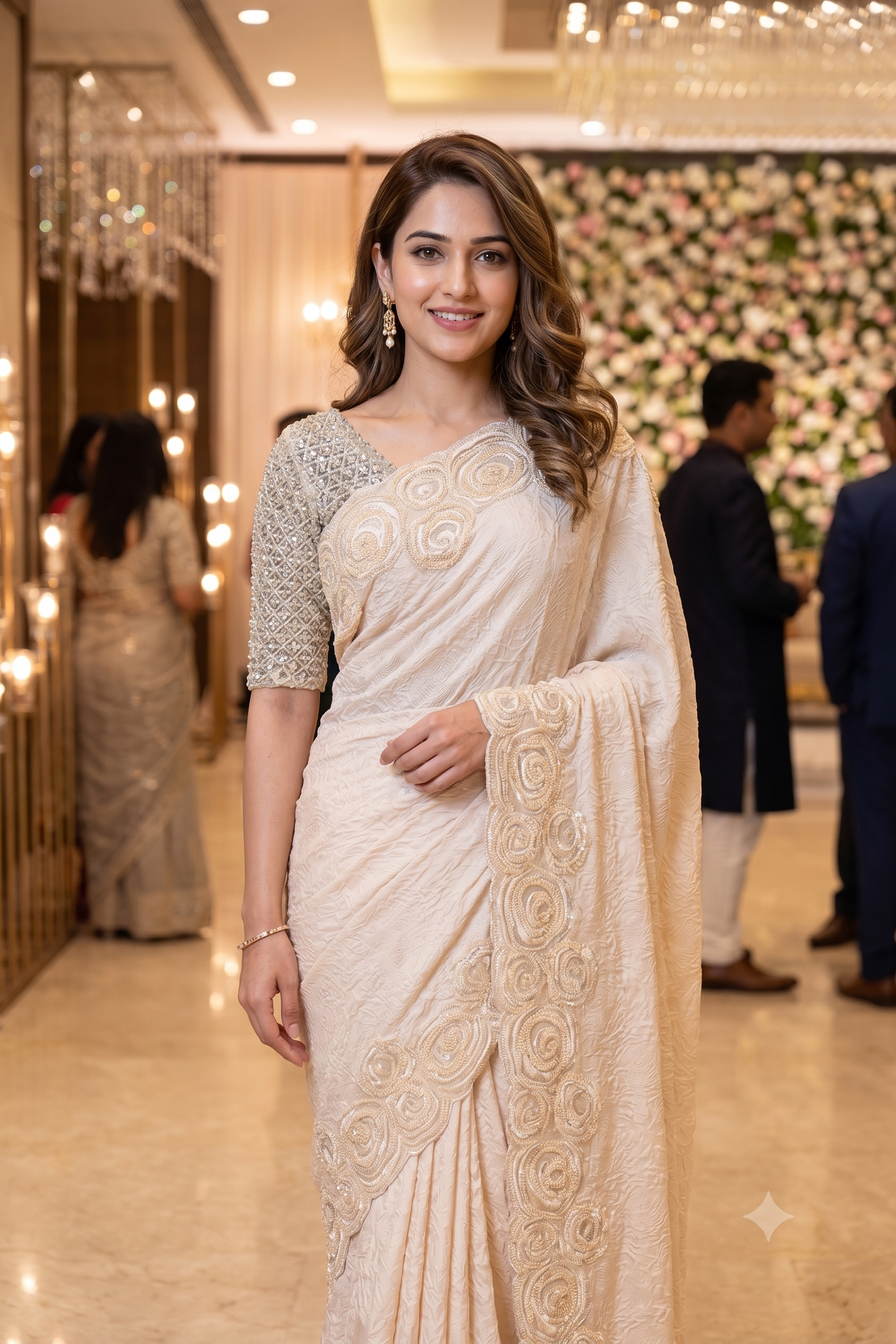 Off-White Crush Silk Saree With Embroidery Border, With Unstiched Blouse