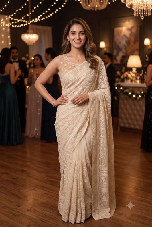 Off-White Georgette Saree With Chikankari Embroidery, Unstitched Blouse