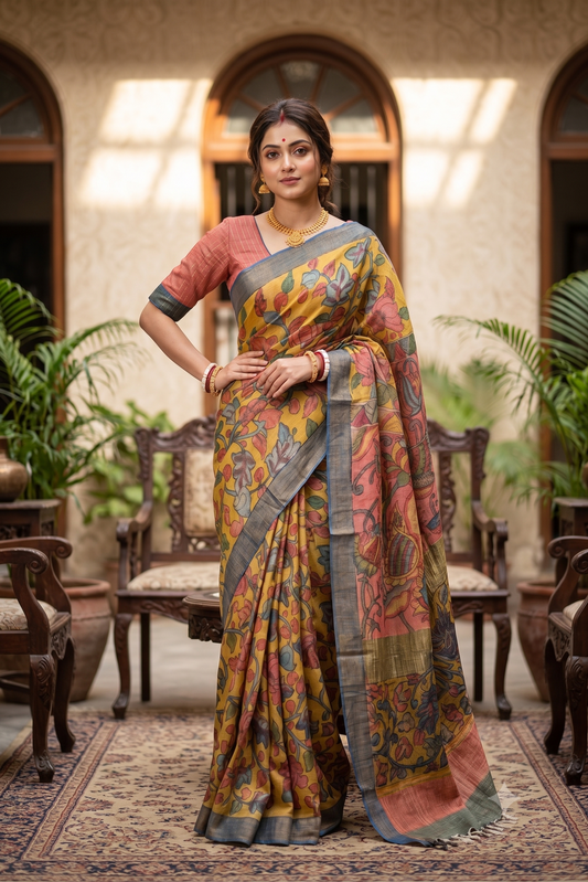 Mustard Yellow Tussar Kalamkari Printed Work Saree, With Unstiched Blouse