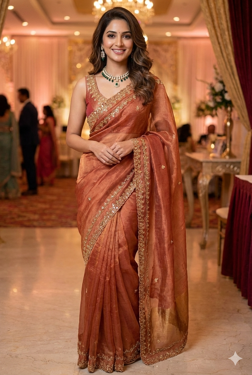 Red Tissue Embroidery Saree, With Unstiched Blouse