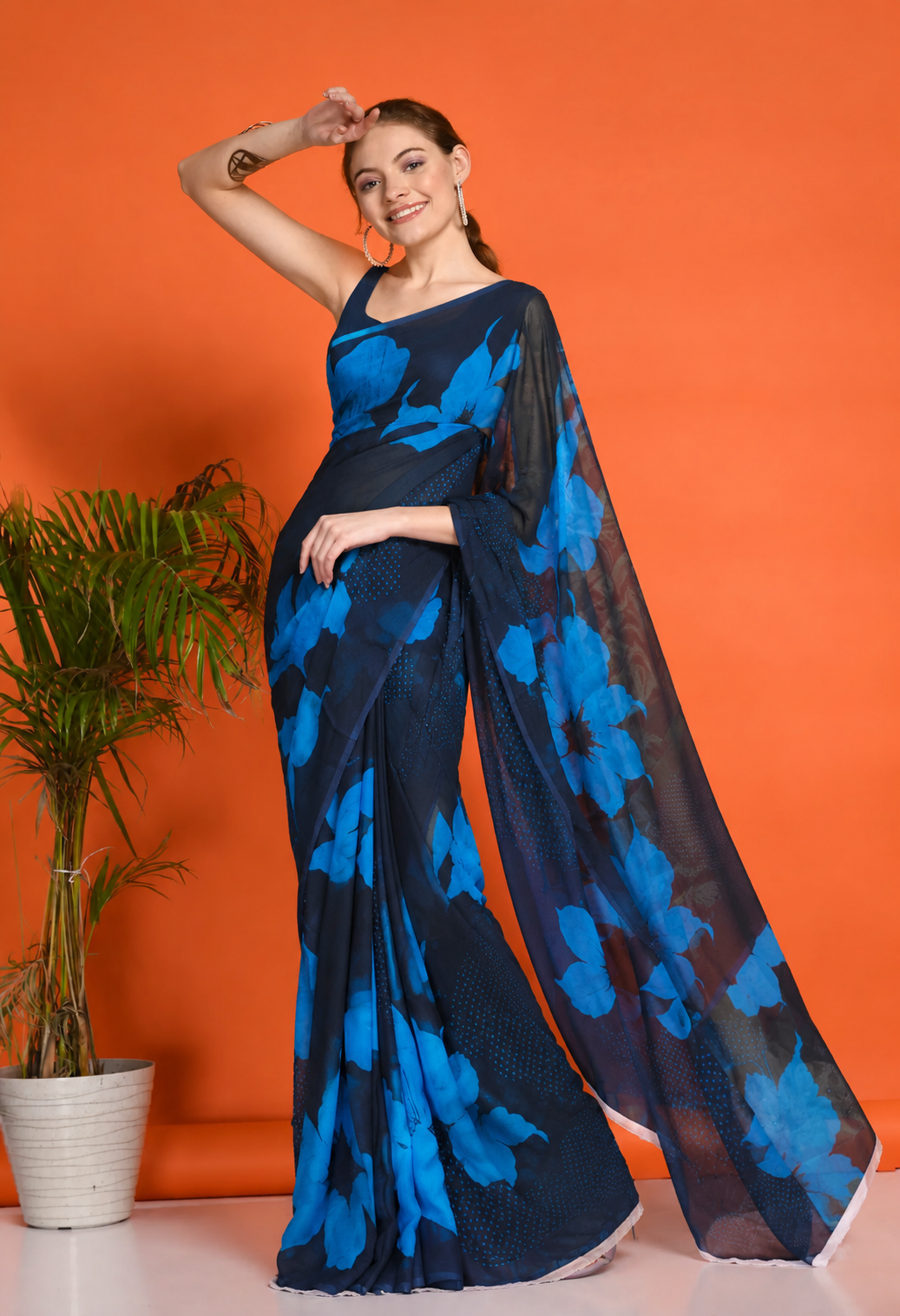 Black Floral Printed Chiffon Saree, With Unstiched Blouse Piece