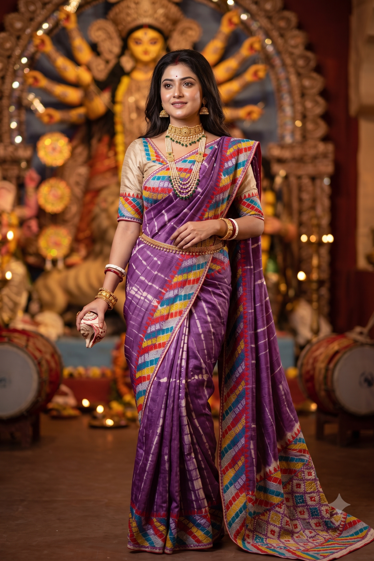 Purple Tussar Hand Embroidery Saree, With Unstitched Blouse