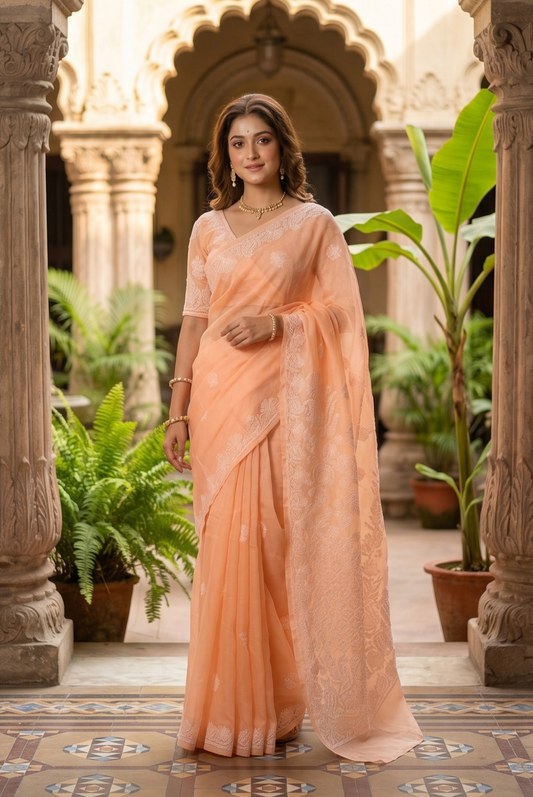Peach Cotton Saree With Chikankari Embroidery, Unstitched Blouse