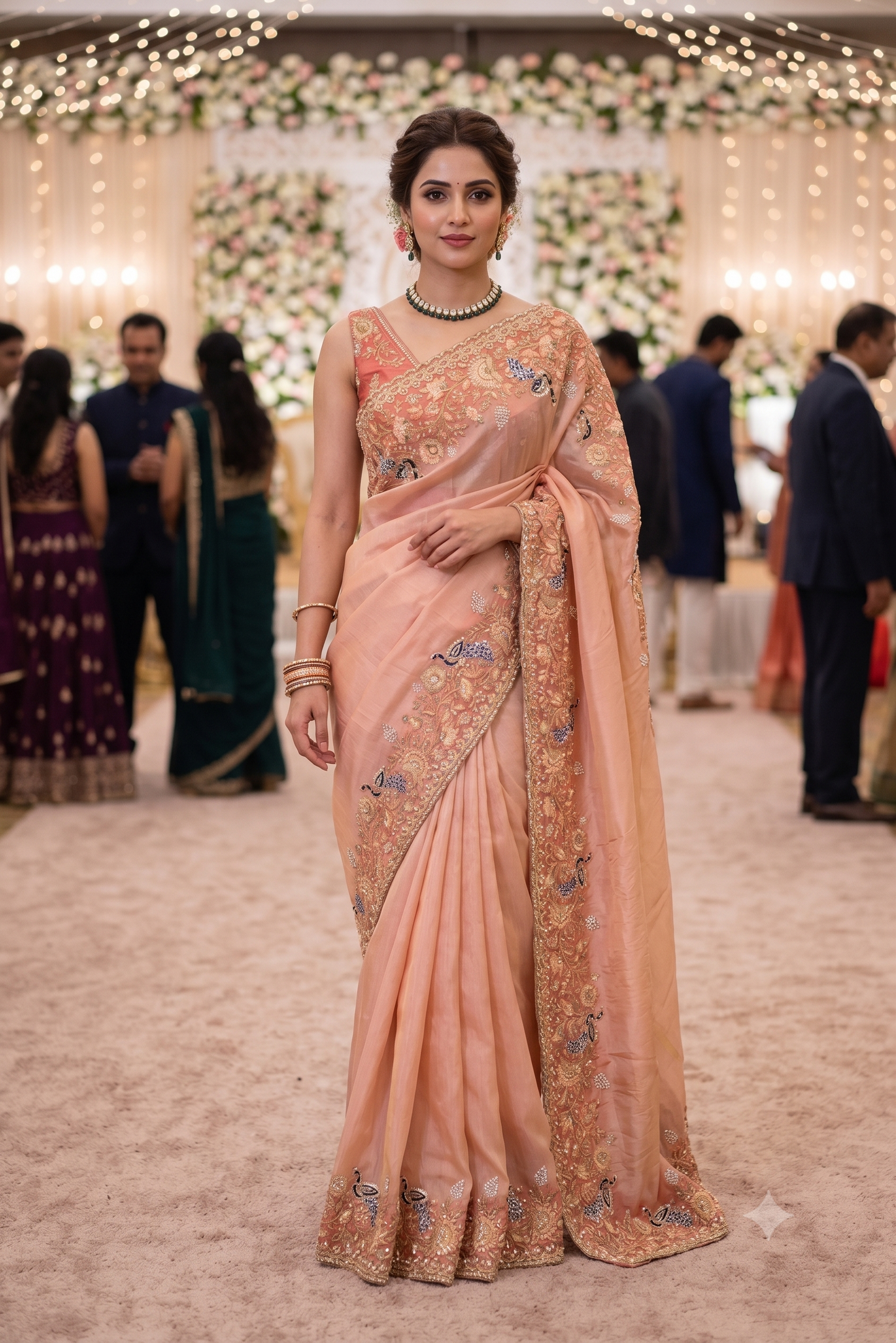 Peach Soft Tissue Kanjeevaram Silk Sarees With Embroidery Work, With Unstiched Blouse