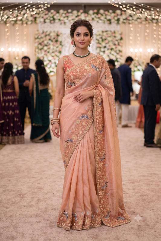 Peach Soft Tissue Kanjeevaram Silk Sarees With Embroidery Work, With Unstiched Blouse