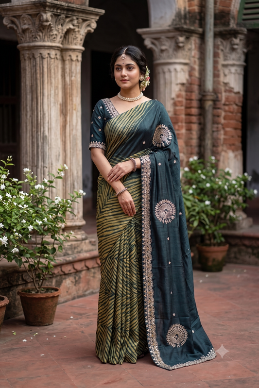 Black & Yellow Tussar Leheriya Zardosi Work Saree, With Unstiched Blouse