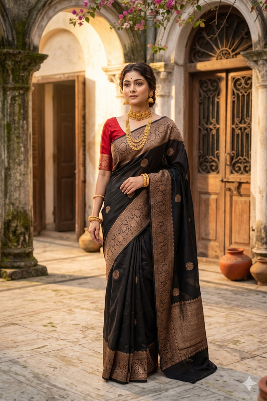 Black pure raw Tussar Banarasi silk saree with handwoven motifs and matching unstitched blouse, traditional wear by Saarang Sarees.