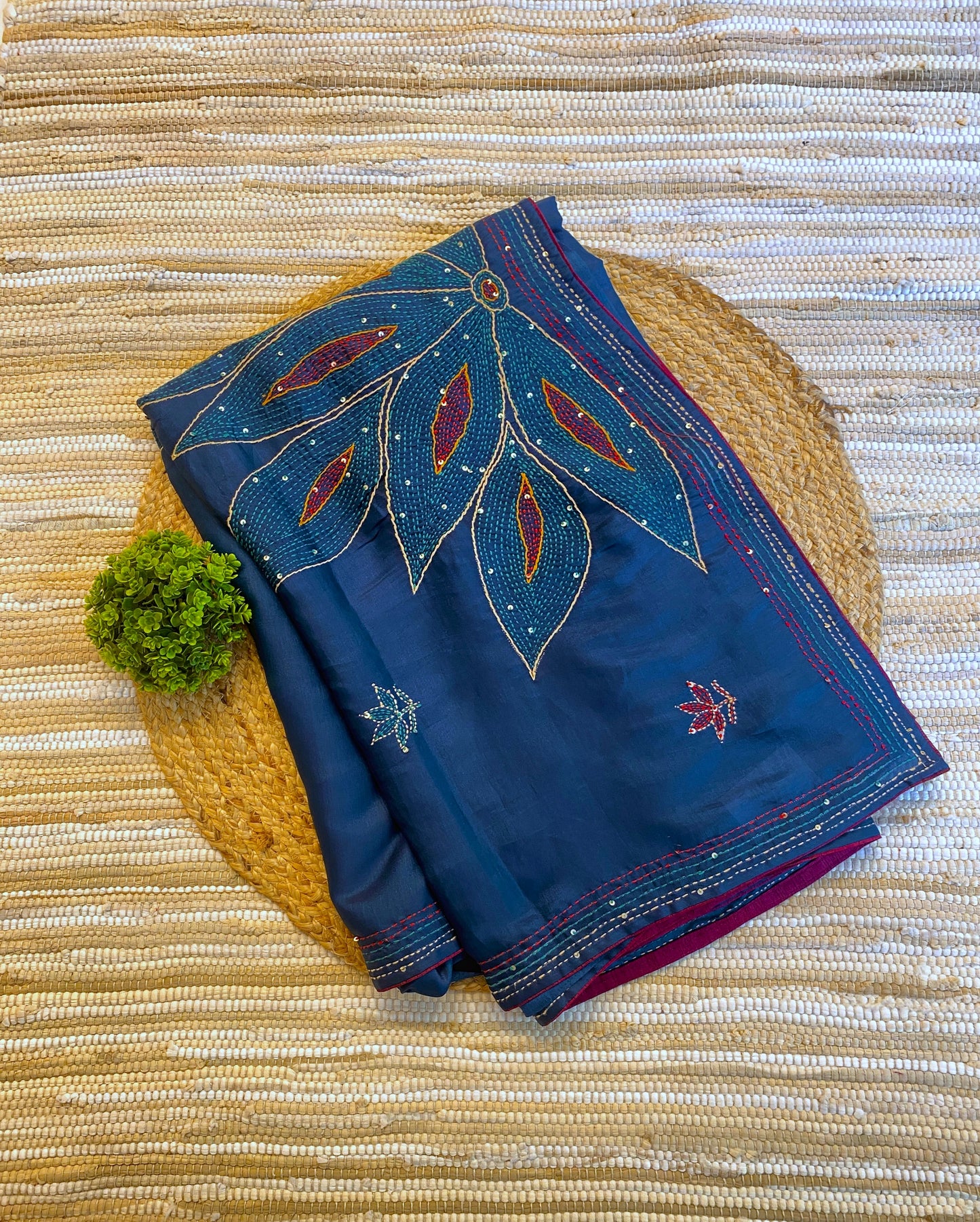 Navy Blue Semi Munga Silk French Knot Hand Embroidery Work Saree, With Unstiched Blouse