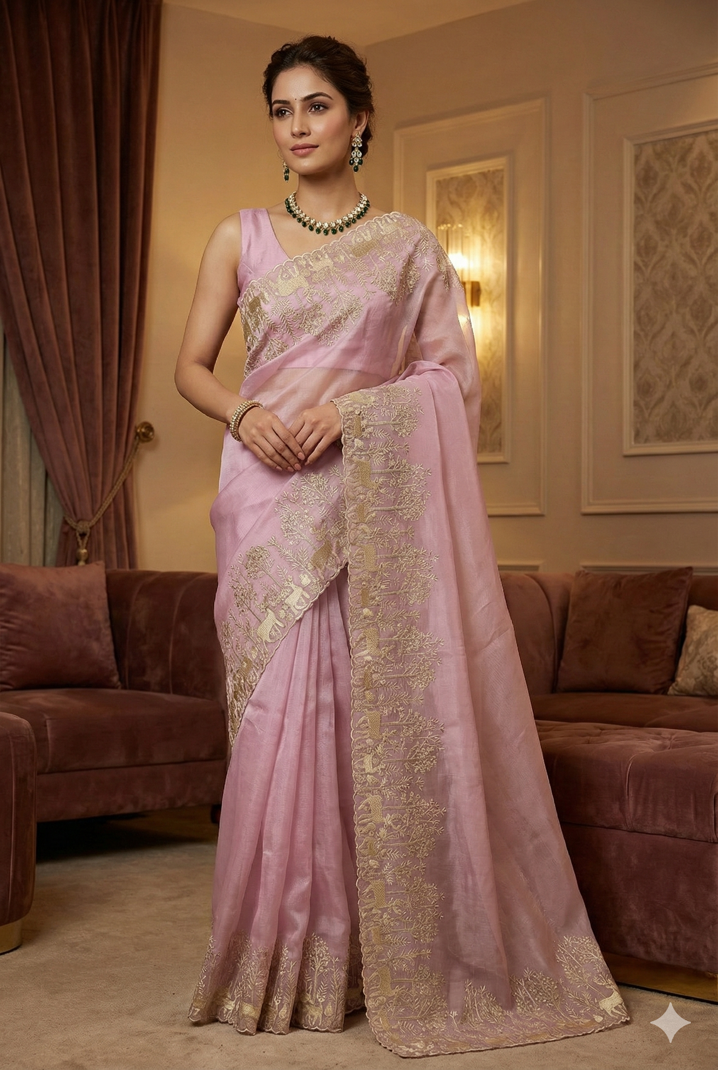 Onion Pink Organza Silk Resham Embroidery Saree, With Unstiched Blouse