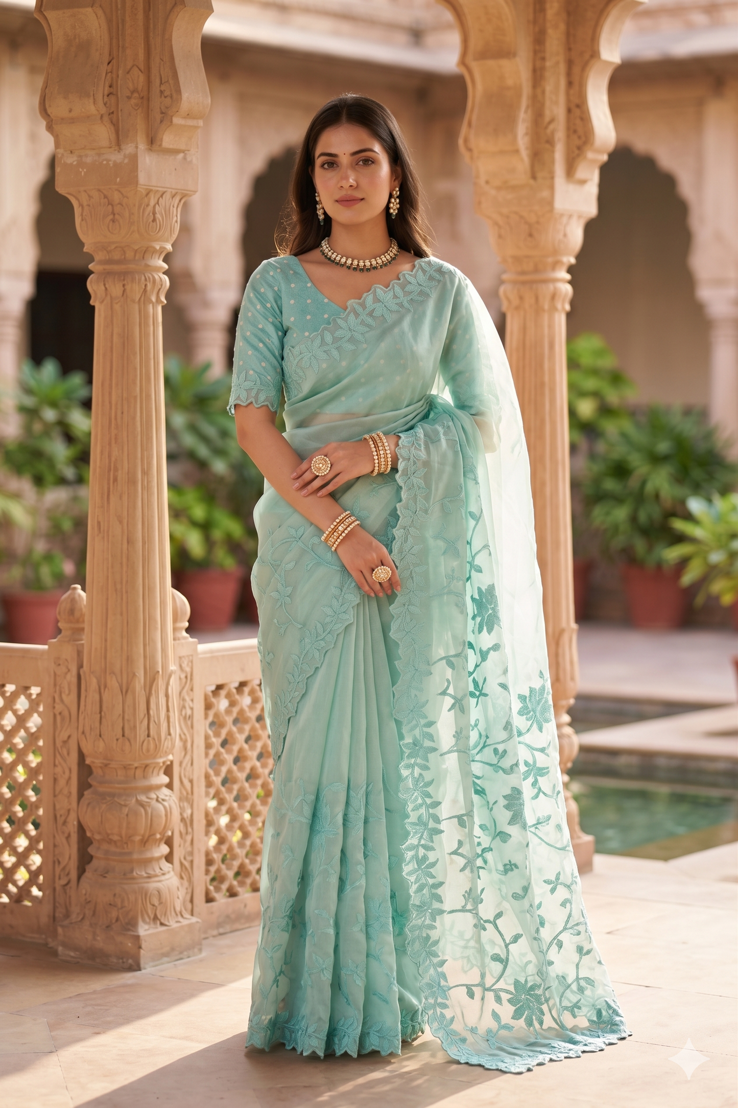 Sky Organza Saree With Appliqué Work Border, With Unstitched Blouse