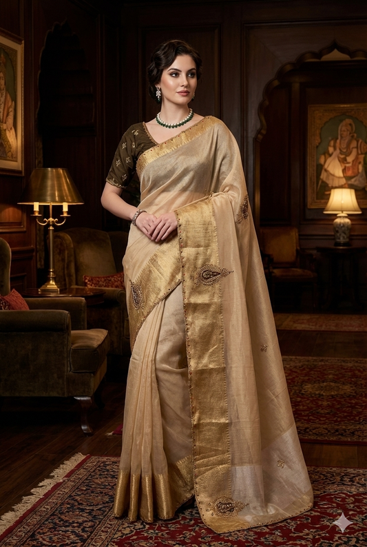 Offwhite Tissue Silk Embroidery Saree, With Unstiched Blouse