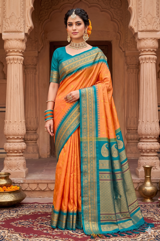 Orange Gadwal Silk Sarees With Unstiched Blouse