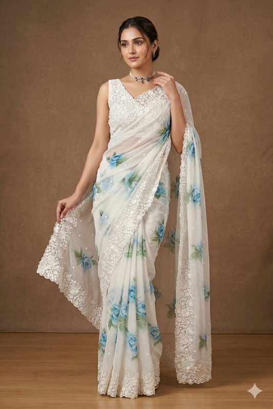 Off-White Printed Georgette Saree With Resham Embroidery Work, With Unstiched Blouse