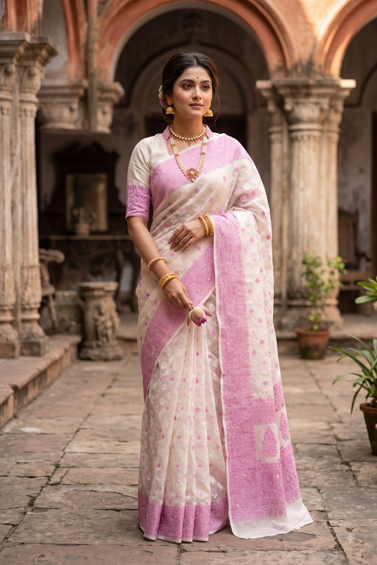 Off-White Cotton Jamdani Saree with unstiched blouse from Saarang Sarees, traditional wear featuring intricate weaving and elegant design.