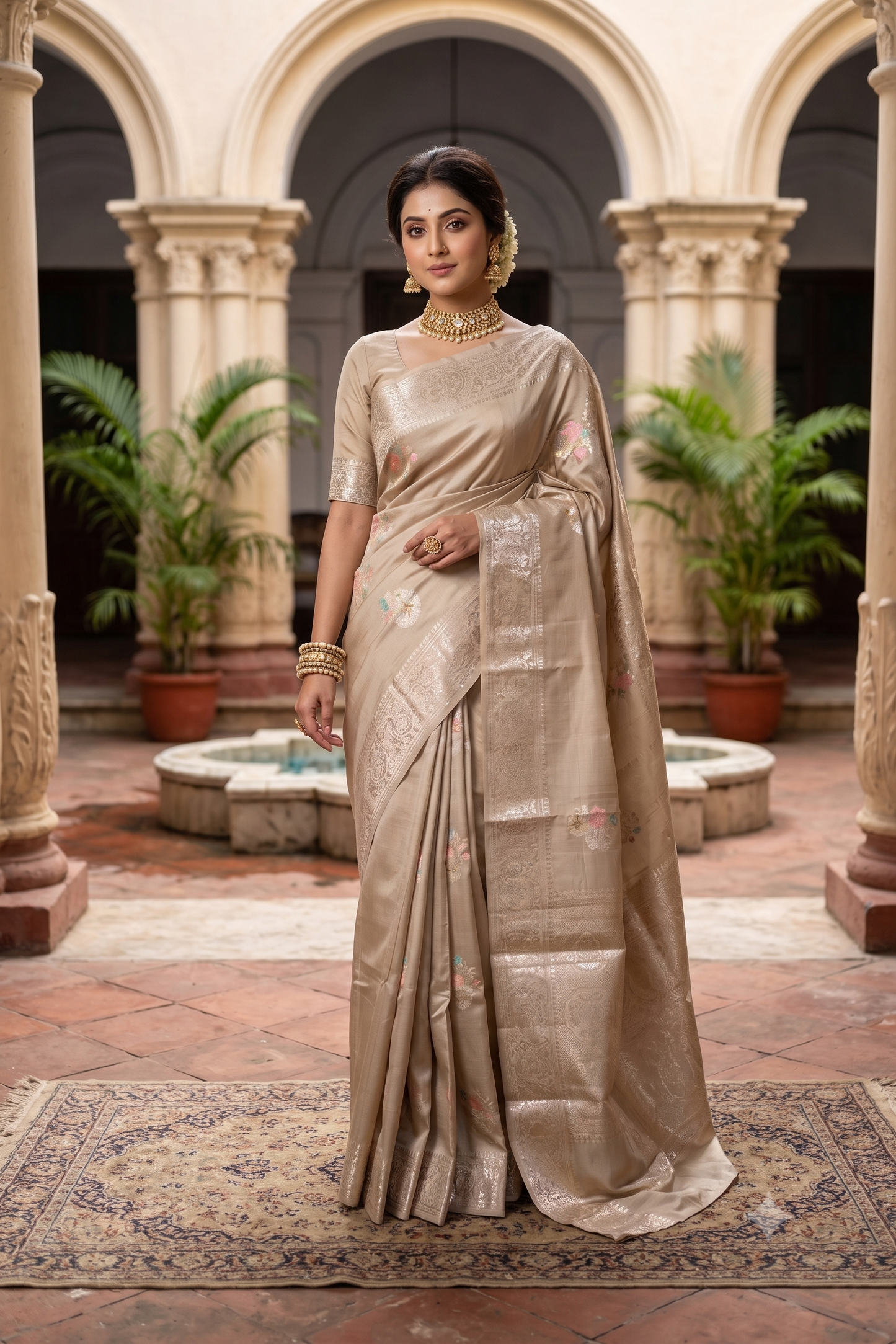Grey Chiniya Silk Saree Hand Woven Butas, With Unstiched Blouse