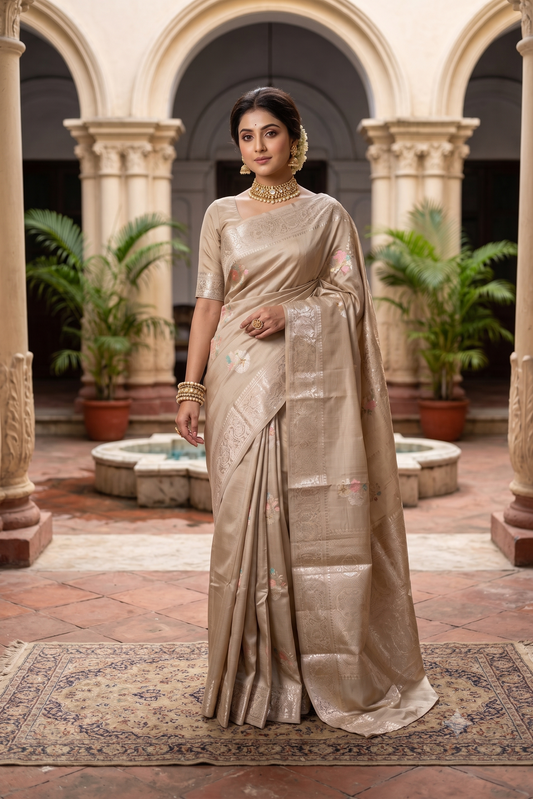 Grey Chiniya silk saree with hand-woven butas and matching unstiched blouse, traditional wear by Saarang Sarees.