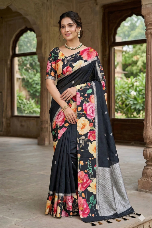 Black Tussar Banarasi digital border saree with unstiched blouse, perfect for party wear, showcasing intricate gold and silver embroidery.
