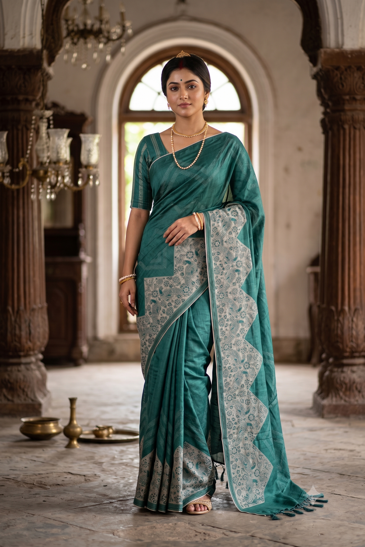 Deep Green Tussar Saree With Organza Applique Work, With Unstiched Blouse