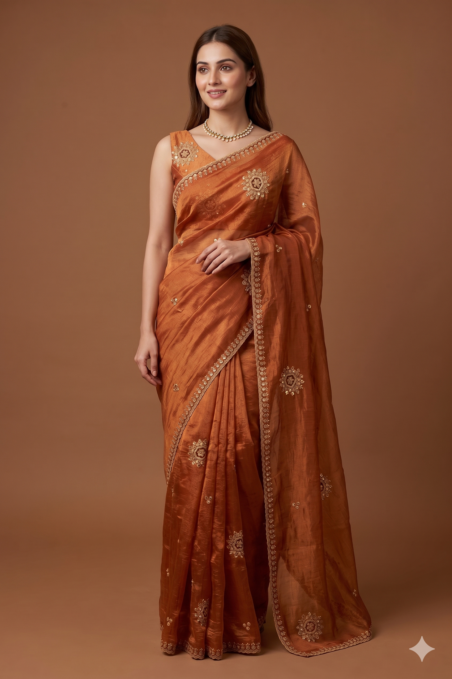 Copper Tissue Hand Embroidery Saree, With Unstiched Blouse