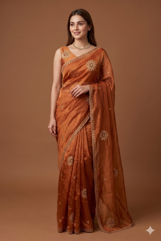 Copper Tissue Hand Embroidery Saree, With Unstiched Blouse