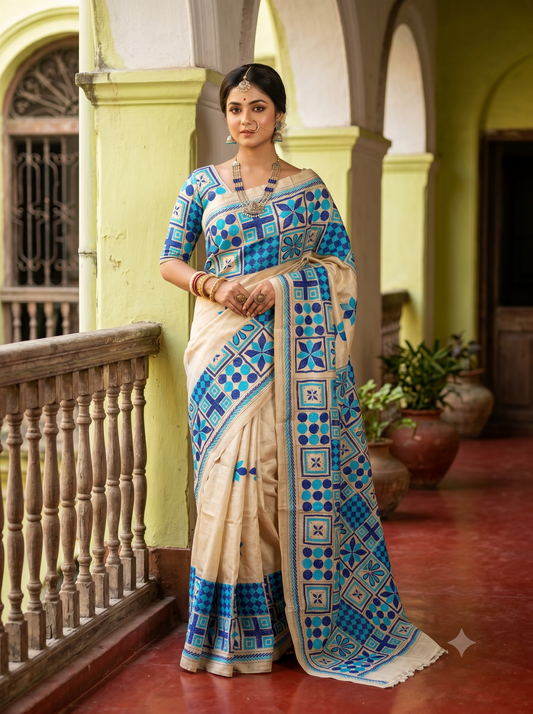 Off-White Tussar Embroidery Saree With Kantha Work Border, With Unstitched Blouse