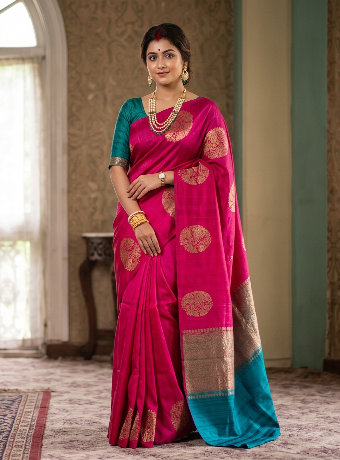 Magenta Pure Raw Tussar Banarasi Silk Saree, Hand Woven Motifs With Unstiched Blouse
