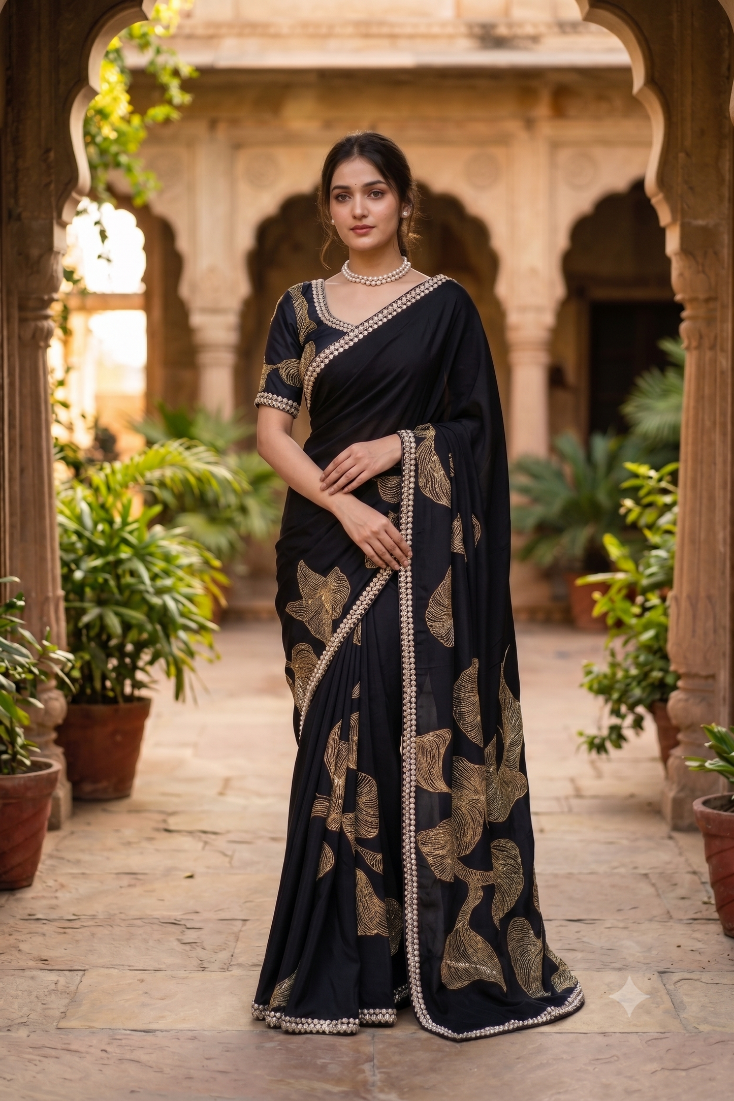Black Crepe Organza Silk Saree, With Readymade Blouse Piece