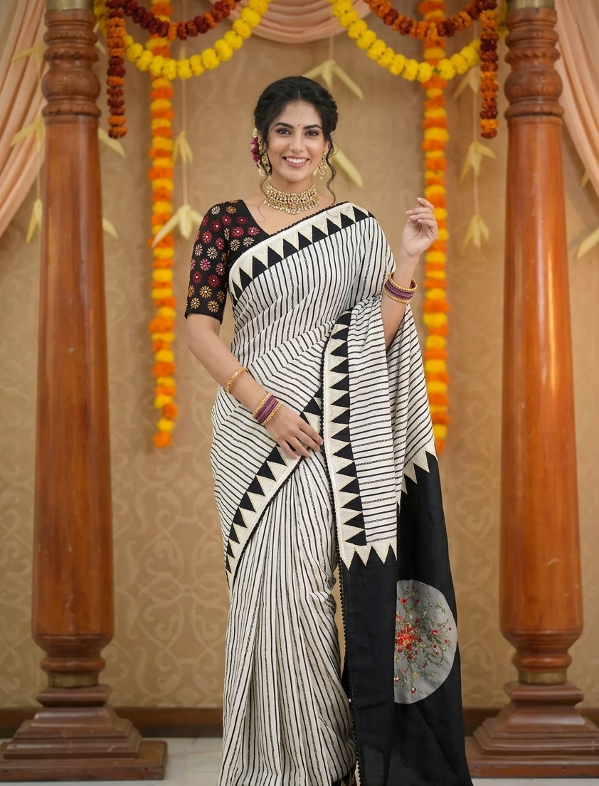 White & Black Stripe Munga Silk Saree With Hand Embroidery Work, With Unstiched Blouse